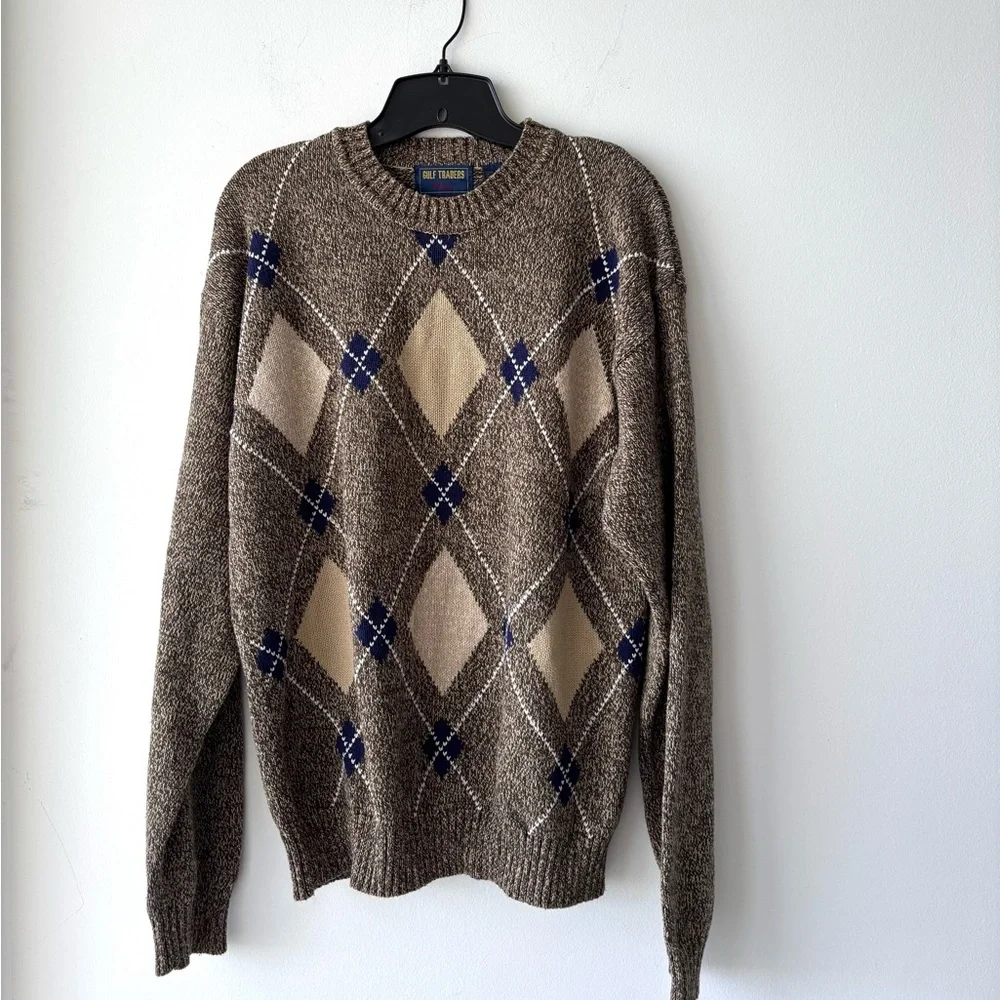 VTG Gulf Traders Sweater Brown Argyle Cotton Mens M Grandpa Preppy Professor
